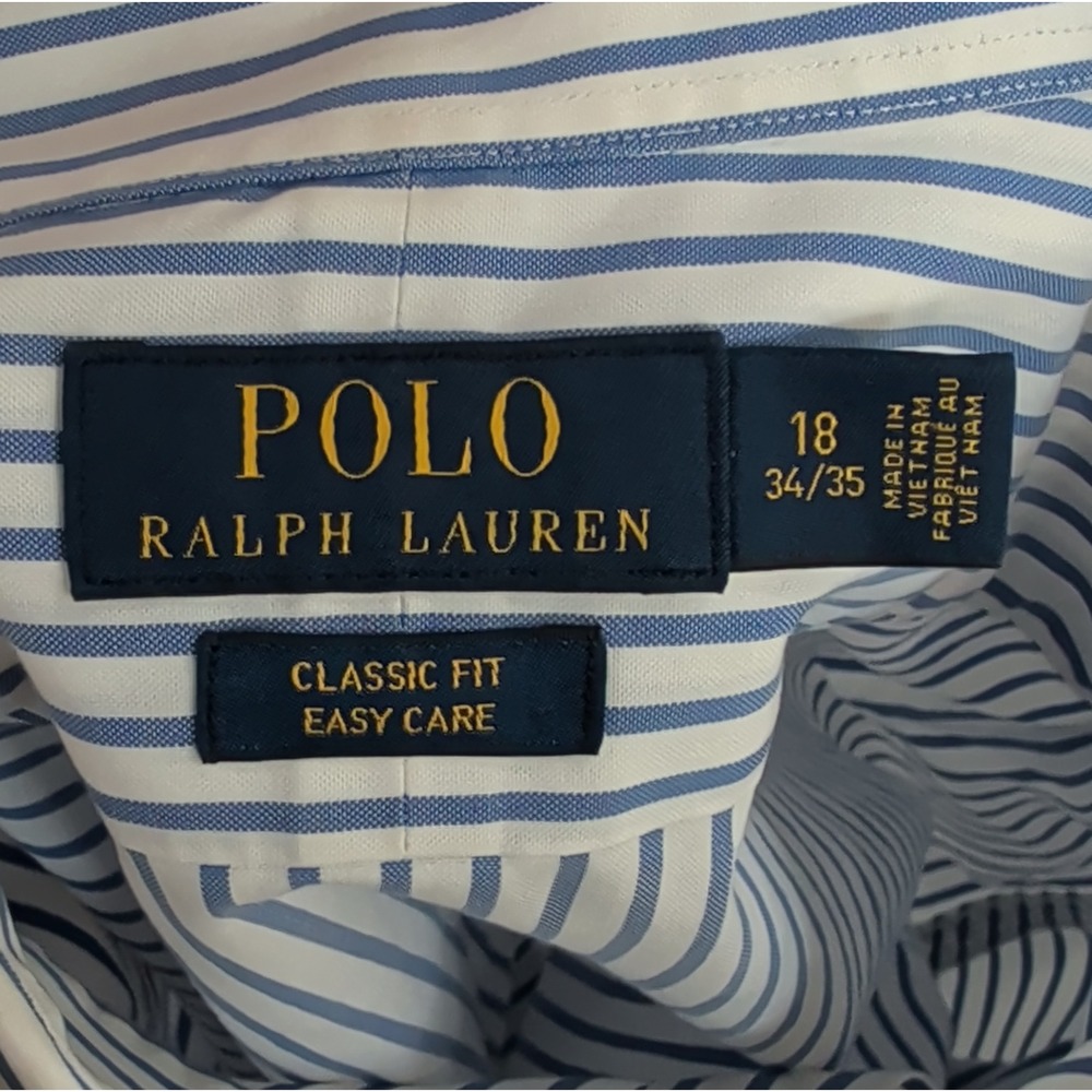 Polo Ralph Lauren Men Classic Fit 18 34/35 Blue White Striped Easy Care LS Shirt